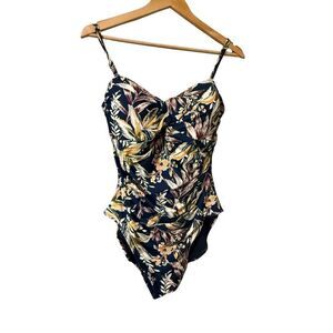 Anne Cole Sz 10 One Piece Swimsuit Smoothing Tummy Control Navy Tropical Floral